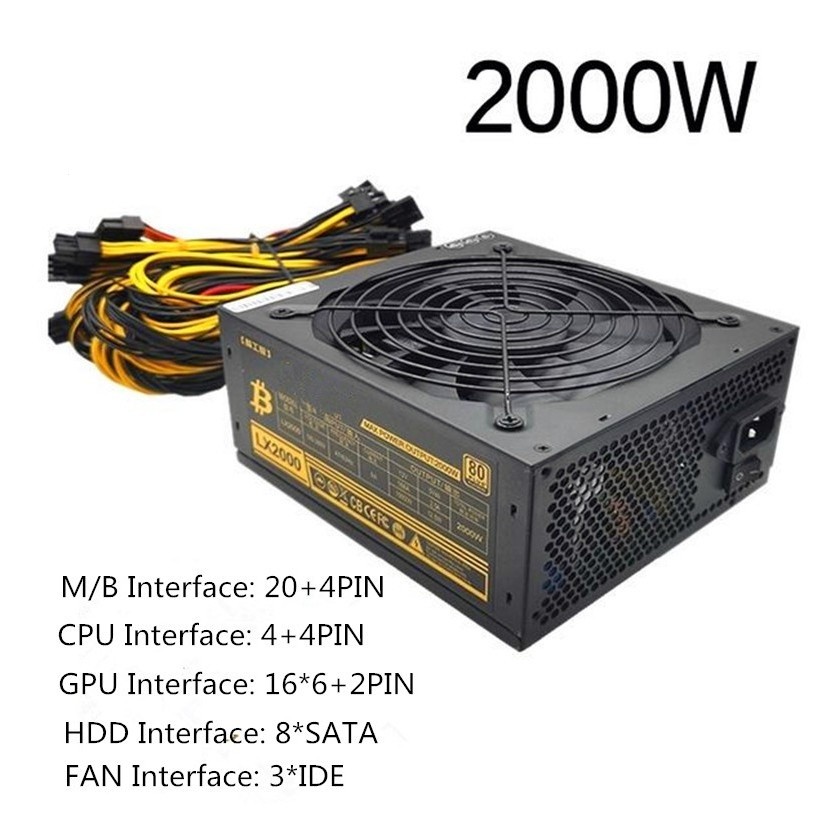 1800W/2000W/1600W แหล่งจ่ายไฟ 220V สําหรับ 8GPU Miner Rig PSU 1800W ATX แหล่งจ่ายไฟ