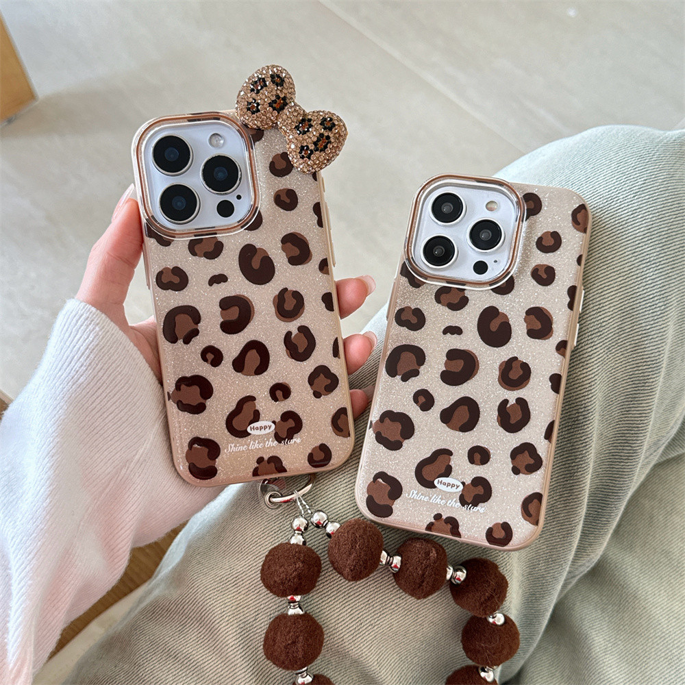 หรูหรา 3D แฟลชเพชรโบว์ Glitter เคสโทรศัพท์สําหรับ iPhone 15 13 14 16 Pro Max เสือดาวพิมพ์ Blingbling กันกระแทกปกหลัง