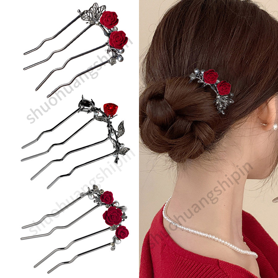 Elegant Temperament Rose Rhinestone Time-limiting u-Shaped Hairpin ที่ไม่ซ้ํากันประณีต Hairpin เครื่องประดับผม