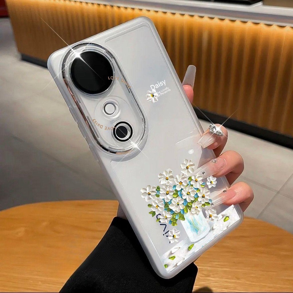 Vivo V60 V50 V40 V30 V29 V27 Y200 กรณี Vivo V40 Lite Vivo V30 V27 Pro กรณีภาพวาดสีน้ํามัน Daisy เคสโทรศัพท์พร้อมฟิล์มเลนส์ Anti-drop ซิลิโคนใสคลุมทั้งหมด Soft Shell
