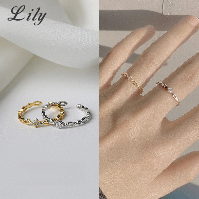 Simple S925 Silver Diamond-Shaped Hollow แหวนเพชรหญิงแฟชั่นเปิดปรับได้