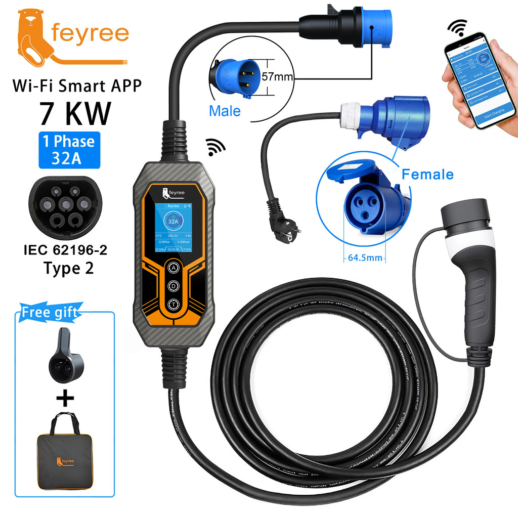 Feyree แบบพกพา EV Charger Type2 32A 7KW EVSE ปรับ Current Smart Timing ชาร์จ Wi-Fi APP ควบคุมสําหรับ