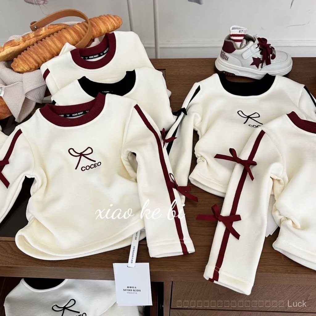 เสื้อบุขนกำมะหยี่บุขนหนาพิเศษสำหรับเด็กหญิงเสื้อตัวในแบบใหม่แขนยาวฤดูใบไม้ผลิและฤดูใบไม้ร่วงเสื้อตัวในสไตล์เจ้าหญิงโบว์เด็กหญิง