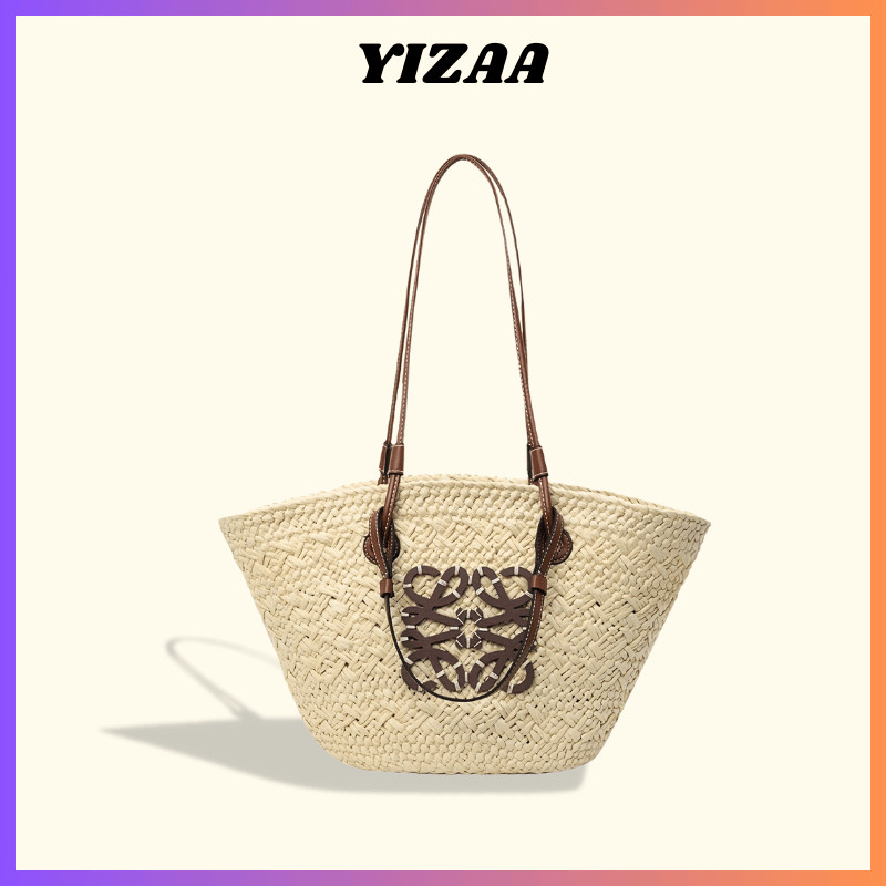 กระเป๋าฟางสานเฟชั่น กระเป๋าผู้ใหญ่ แฮนด์เมด กระเป็าสานความจุขนาดใหญ่ ทนทาน สายหนัง  สไตล์ยุโรป แนวฮาวาย และอเมริกา ไปทะเล P116