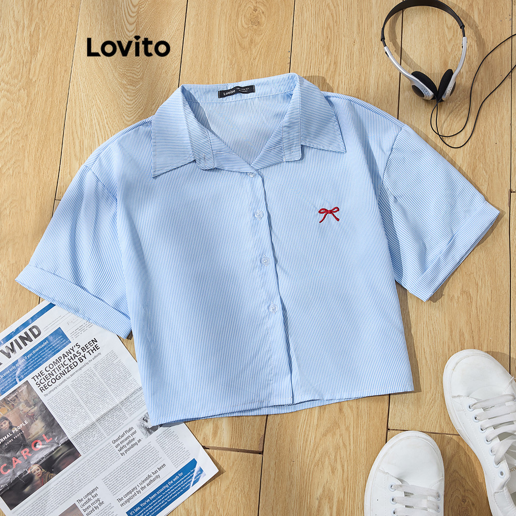Lovito เสื้อเบลาส์คอวีลายทางลำลองสำหรับผู้หญิง L110AD532