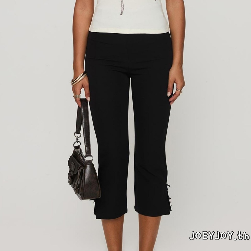 ผู้หญิงสีทึบโบว์ตกแต่งฤดูร้อนสบายๆตัดยืด Capri กางเกง