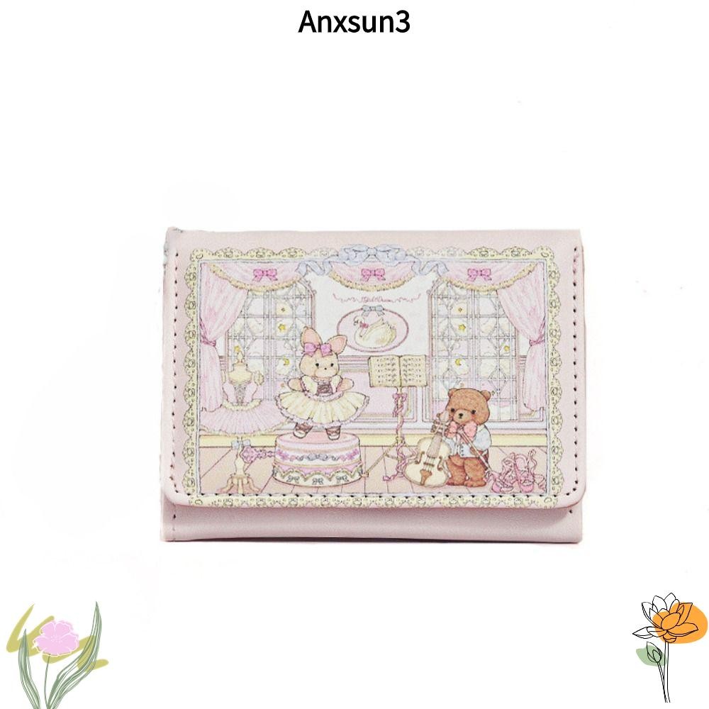 Anxsun3 กระเป๋าเงิน, กระเป๋าสตางค์ใบสั้น PU หมีและกระต่าย, กระเป๋าใส่บัตรแบบพกพาหลายช่องน่ารักเด็กผู้หญิง
