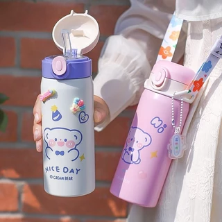 350/500Ml น่ารัก Straw Thermos ขวดน้ำสำหรับเด็กผู้หญิงแบบพกพากีฬาขวด Tumbler ขวดน้ำสแตนเลส