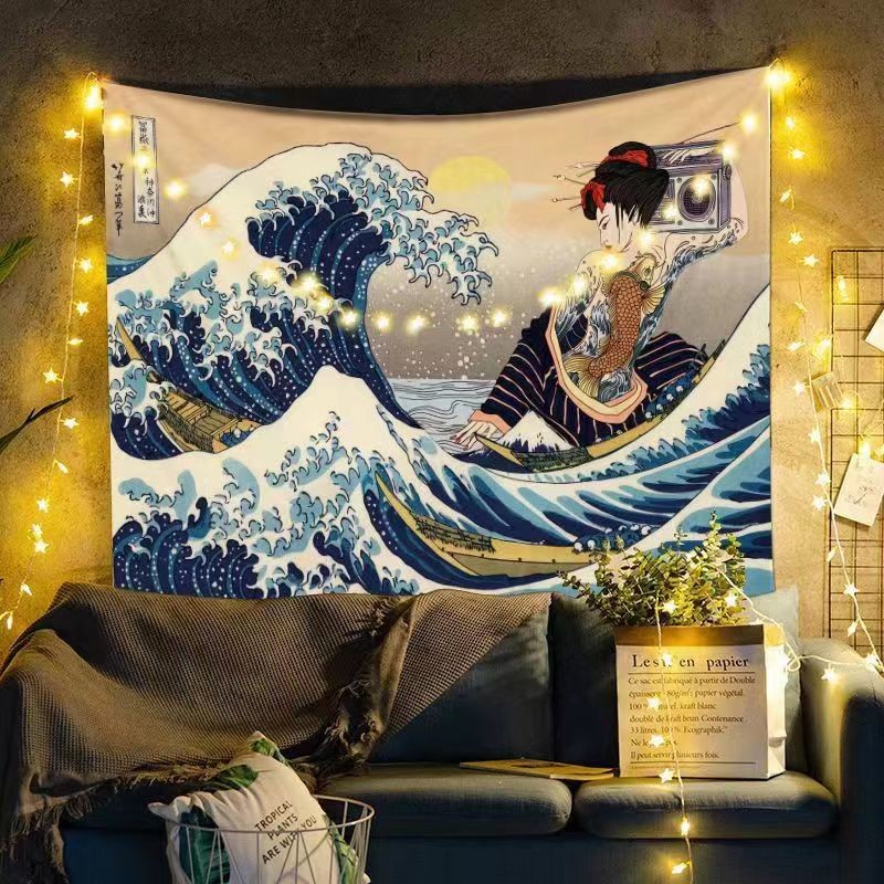 ผ้าแขวน Ukiyo-e ญี่ปุ่น ผ้าพื้นหลังคลื่น Kanagawa ห้องพักห้องนอน ผ้าผนังสไตล์ญี่ปุ่น