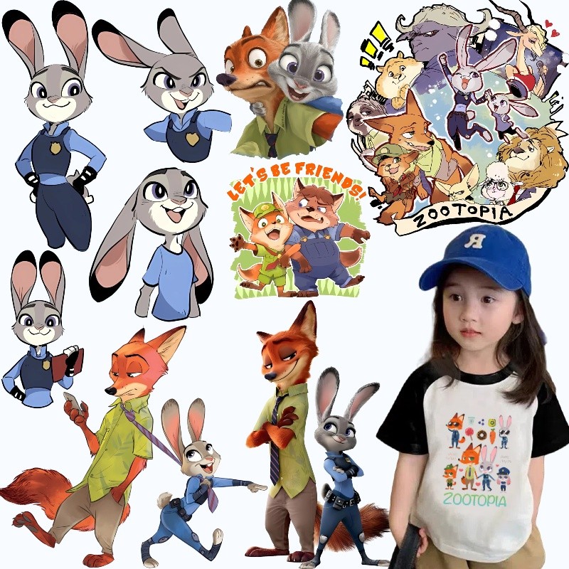 Zootopia สติ๊กเกอร์พิมพ์ลาย Judy And Nick Heat Transfer DIY สติ๊กเกอร์ติดผ้า สติ๊กเกอร์ซักได้ สติ๊กเกอร์ผ้าตกแต่ง