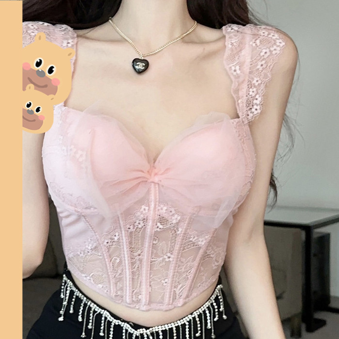 🎀bearbra🎀สายเดี่ยวลูกไม้ ดีเทลสายลูกไม้ยืดได้ ฟรีไซส์มีฟองน้ำในตัว เซ็กซี่ รัดตัวก้างปลา