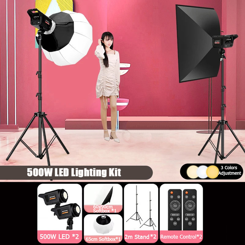 500W ไฟสตูดิโอ LED ไฟถ่ายรูป ไฟไลฟ์สด & Softbox 2m Stand Photography Live Stream Kits