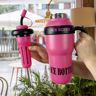 แก้วเก็บความเย็น 1000 ml. สแตนเลส 304 เก็บเย็น ice cream-bully Food Grade พร้อมหลอดซิลิโคนพร้อมด้ามจับ B0226