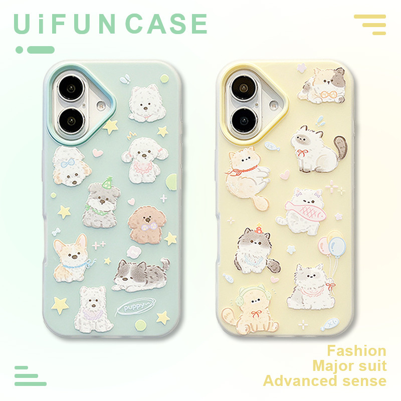 น่ารักแมวสุนัขเคลือบโทรศัพท์มือถือกรณีเข้ากันได้สําหรับ ไอโฟน 16 15 14 13 มือโปร สูงสุด 16โปรแม็กซ์ รูใหญ่ช็อกทนป้องกัน ทีพียู + พีซี 2 ใน 1 ปกหลัง