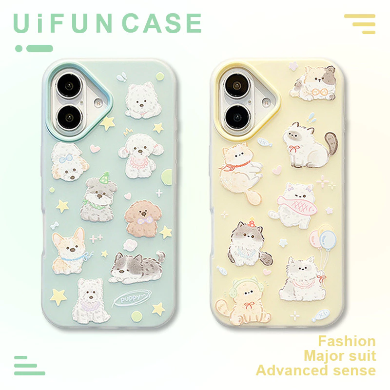 น่ารักแมวสุนัขเคลือบโทรศัพท์มือถือกรณีเข้ากันได้สําหรับ ไอโฟน 16 15 14 13 มือโปร สูงสุด 16โปรแม็กซ์ รูใหญ่ช็อกทนป้องกัน ทีพียู + พีซี 2 ใน 1 ปกหลัง