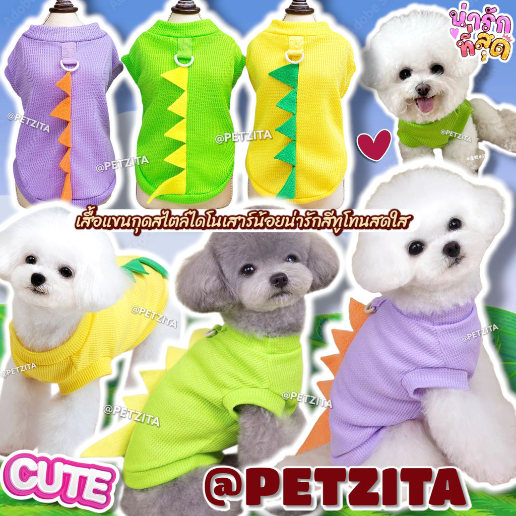 พร้อมส่ง เสื้อแขนกุดแขนล้ำสไตล์ไดโนเสาร์สีทูโทนสดใสน่ารัก for pet เสื้อผ้าสัตว์เลี้ยง สุนัข หมา แมว