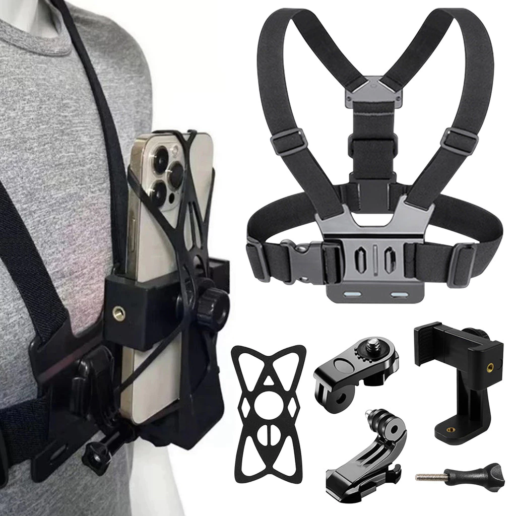 คลิปสายคล้องหน้าอก 360° สำหรับโทรศัพท์ทุกรุ่นและGoPro สายรัดหน้าอก Chest Mount Strap กิจกรรม outdoor