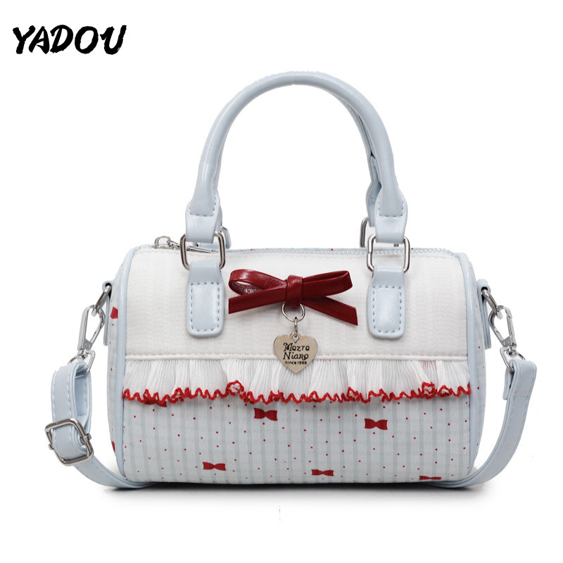 YADOU กระเป๋าบอสตันแบบพกพาสําหรับผู้หญิงกระเป๋าหมอนแฟชั่นโบว์ลายจุดหวาน