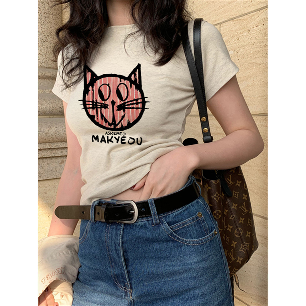 (COD ส่งจากไทย) baby tee เสื้อที-เชื่อผ้าฝ้ายแบบอเมริกันสำหรับผู้หญิง สไตล์แขนสั้น สีซันมีการพิมพ์ลายลักษณะ สำหร - รูปที่ 3