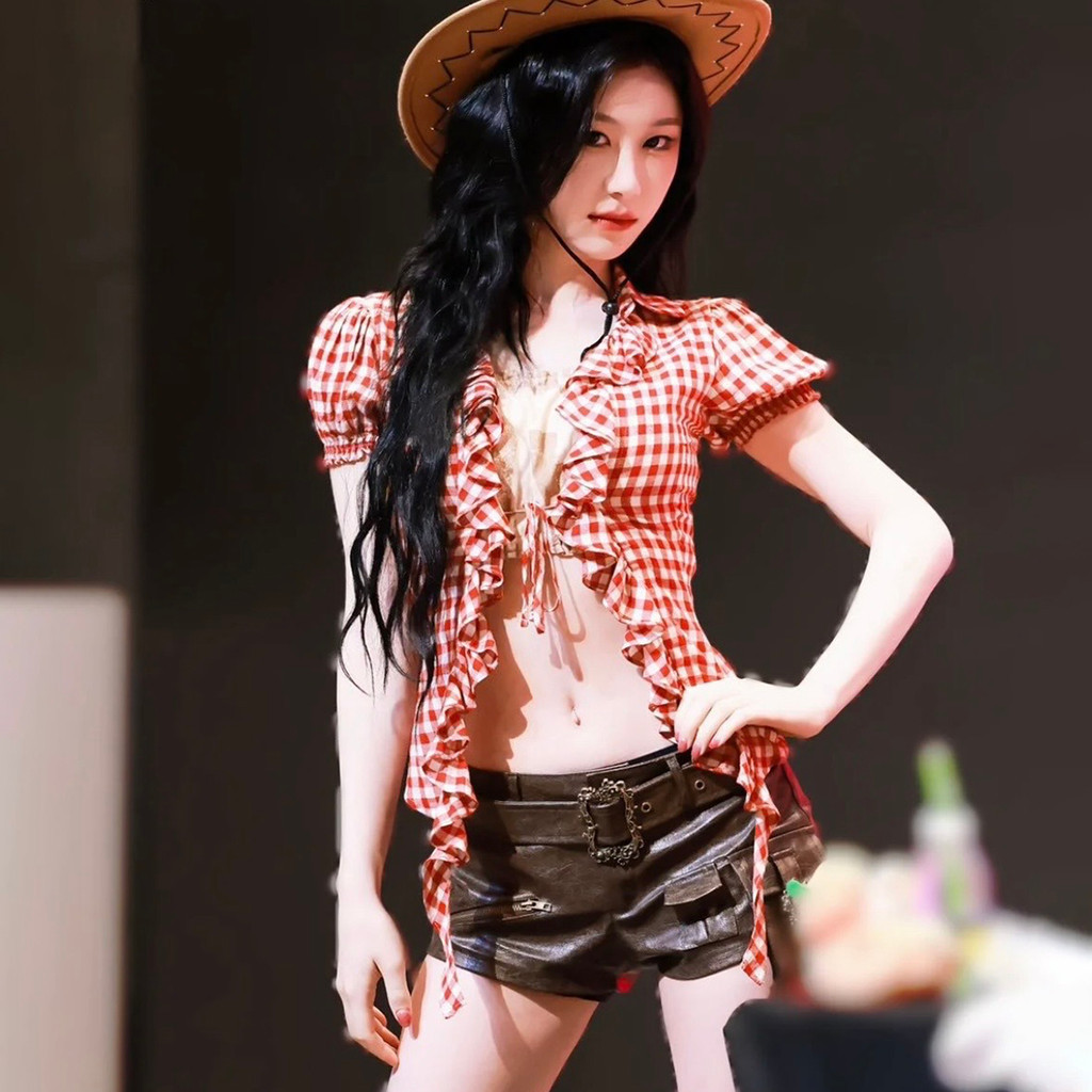 Kliou ลายสก๊อตสีแดงเสื้อเซ็กซี่ V คอพัฟแขน Lace Up Navel สัมผัส Skinny Ribbons Ruffles ออกแบบหวานผู้หญิงฤดูร้อน Street สไตล์เกาหลี