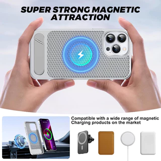 YOOVEI เคส Magnetic Heat Dissipatio สําหรับ iPhone 17/16 Pro, เคส Cooling Drop Protection สําหรับ 15/14/13/12, ขาตั้งแบบปรับได้, Ice Armour Cool Matte วัสดุ - สีเงิน