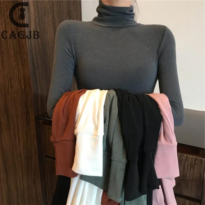 [CAGJB] ฤดูใบไม้ร่วงแฟชั่นเกาหลีคอเต่าสีทึบแขนยาวเสื้อยืดบางสําหรับผู้หญิง คุณ