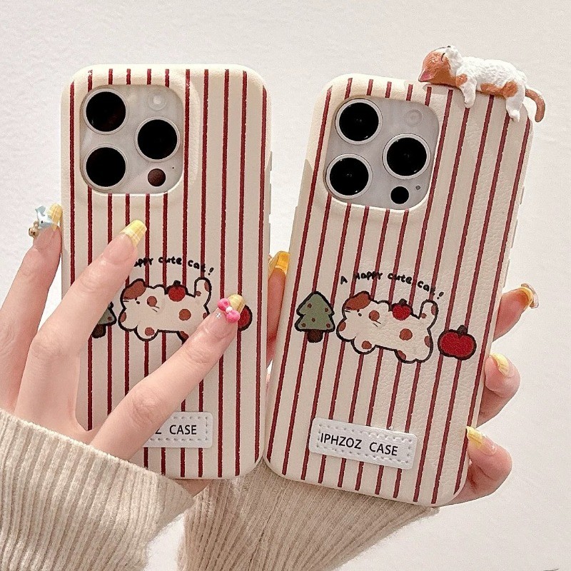 Iphone 16 15 14 13 12 11 Pro Max X Xr Xs Max เคสโทรศัพท์ 3D DIY น่ารัก Happy Cat ฝาครอบหนังนุ่ม