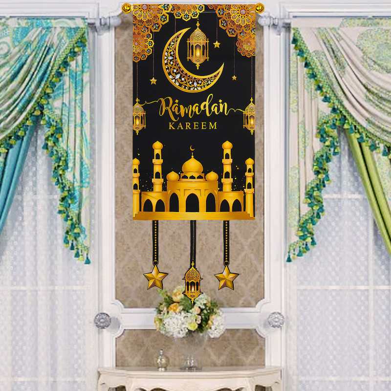 2025 Ramadan Kareem แขวนธง - ตกแต่ง Eid Mubarak - ผนังประตูแบนเนอร์ขนาดใหญ่แขวนเครื่องประดับ - คลาสสิก Star Moon พิมพ์ธงตกแต่ง - บ้านอิสลามเทศกาลมุสลิม Party Decor