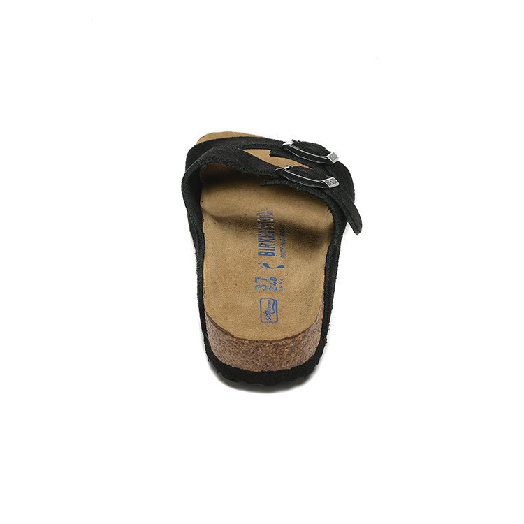 Box toebag พร้อมส่ง Birken รองเท้าแตะหนังนิ่มสีดําสายคู่ตัวอักษรสีน้ําเงิน rvy2 XRKI 3NUT