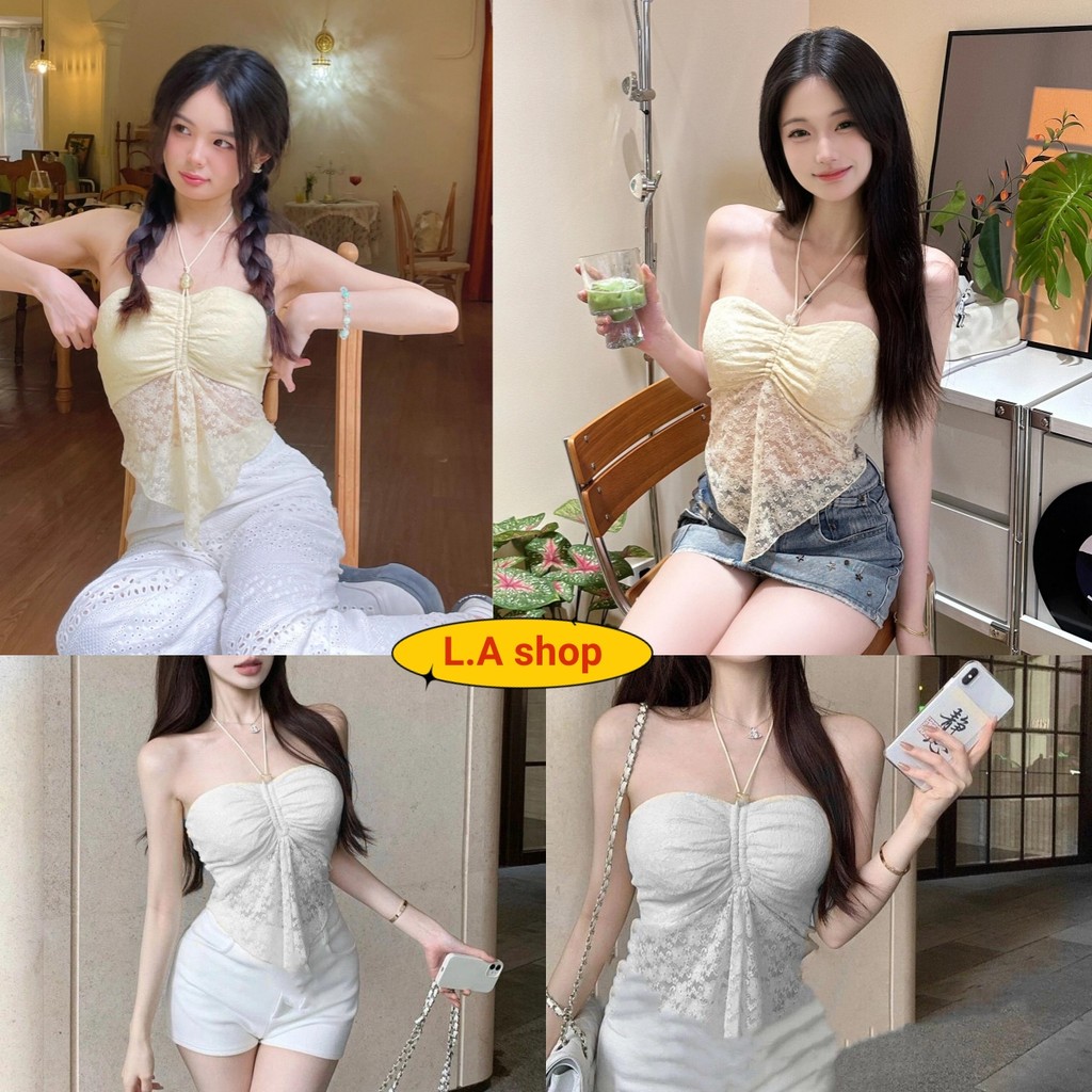 L.A Shop★สไตล์ใหม่★เสื้อเกาะอกไหมพรม แต่งสายคล้องคอ ผ้านุ่มนิ่ม ทรงรัดตัว สีครีม "Y0907"