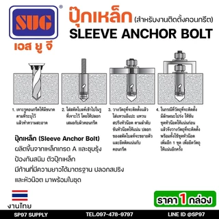 (ยกกล่อง)SUG พุกเหล็ก ชุบรุ้ง หกเหลี่ยมมีเขี้ยว ขนาด 3/16", 1/4", 5/16", 3/8",1/2" และ 5/8" พุ๊ก ปุ๊ก Sleeve Anchor Bolt