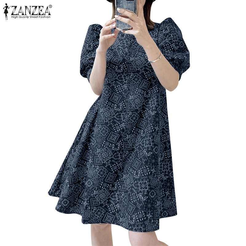 ZANZEA ซานเซีย ชุดเดรสสายเดี่ยวแขนสั้นพิมพ์ลายลําลองสไตล์เกาหลีสําหรับผู้หญิงทุกวัน