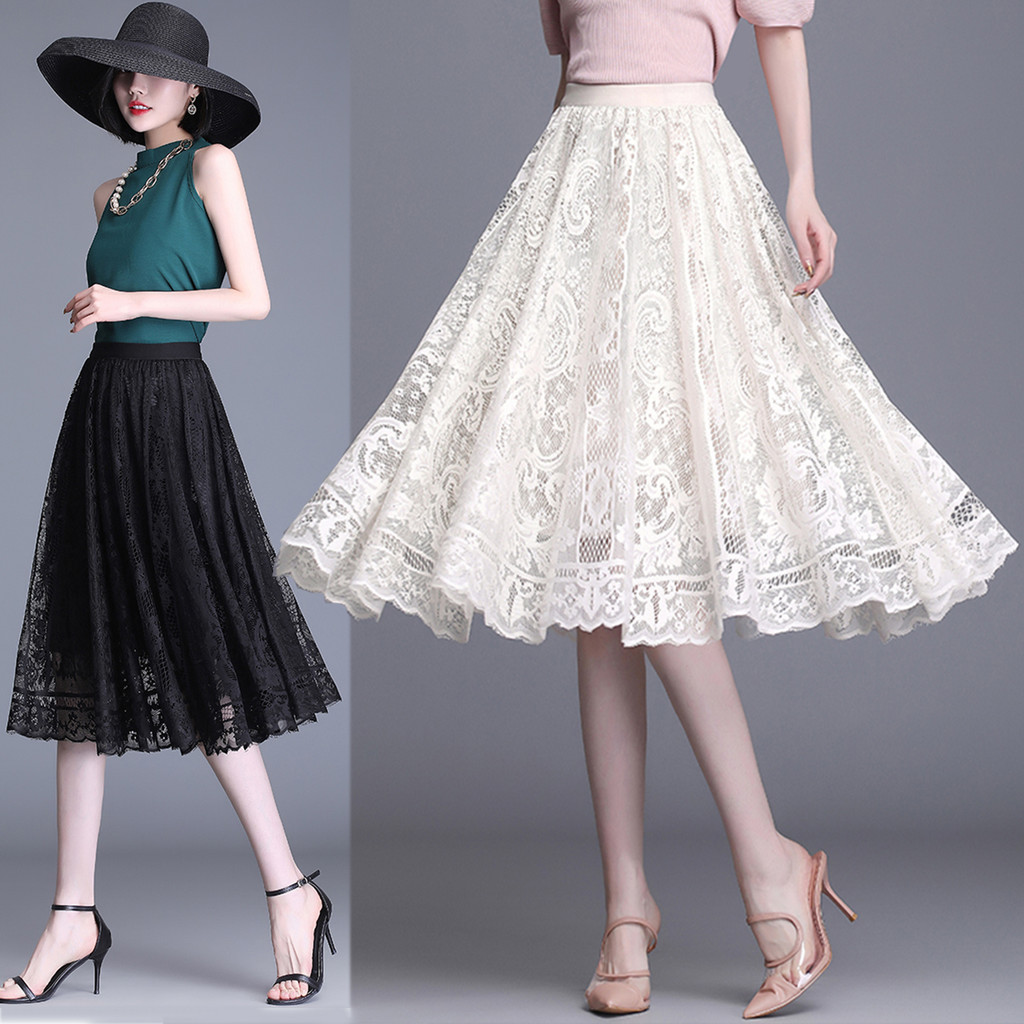 ผู้หญิงลูกไม้ Midi กระโปรง Boho ยืดหยุ่นเอวสูง A line ดอกไม้ Tulle กระโปรงสีเบจสีดํา