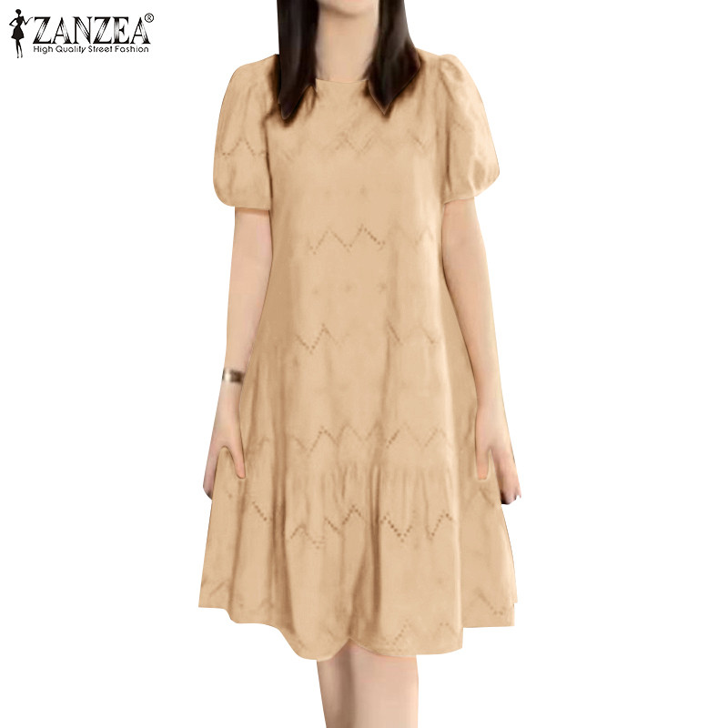 Zanzea ผู้หญิงเกาหลีลําลองรอบคอพัฟแขน Fishtail Hem Hollow เย็บปักถักร้อยชุด