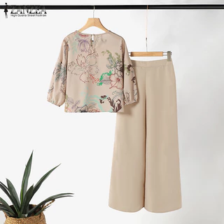Zanzea เสื้อท็อป แขนทรงโคมไฟ ยืดหยุ่น พิมพ์ลาย กางเกง สไตล์วินเทจ สําหรับผู้หญิง