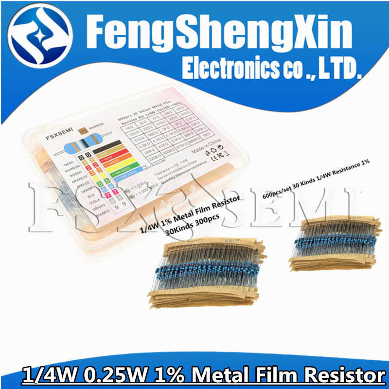 30 ค่า = 300 ชิ้น 600 ชิ้น 1/4 วัตต์ 0.25 วัตต์ 1% โลหะฟิล์ม Resistor Assortment kit ชุดแพ็คอิเล็กทร