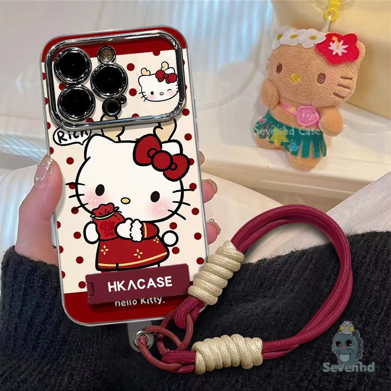 ปีใหม่ปลอกสําหรับ ไอโฟน 11 16 7 8 6 6ส บวก 15 14 13 12 มือโปร เอ็กซ์อาร์ X Xs สูงสุด การ์ตูนน่ารักคิตตี้วุ้นลูกแมวกรณีโทรศัพท์ + วงเล็บ + โซ่ชุบกันกระแทกป้องกันปกหลัง