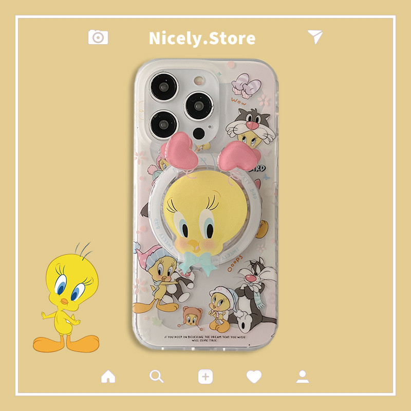 แมวน่ารักTweety Birdแม่เหล็กไร้สายชาร์จเคสโทรศัพท์สําหรับiPhone 17 16 15 14 13 Pro Maxหมุนได้Loving Heartผู้ถือขาตั้งIMD Scratch Proof Cover