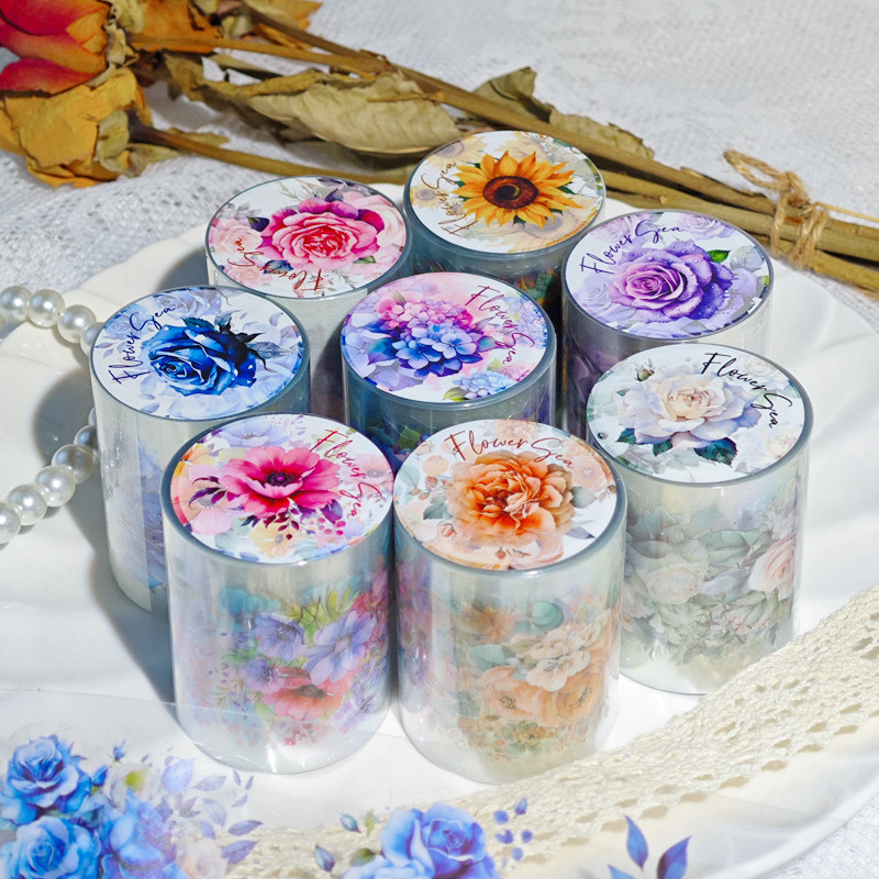 Qouzmo 1ม้วนVINTAGE journal CollageเทปPET[Meet the Sea of Flowers series]diyสมุดภาพไดอารี่Deco masking Tapesดอกไม้วัสดุCarftเครื่องเขียน