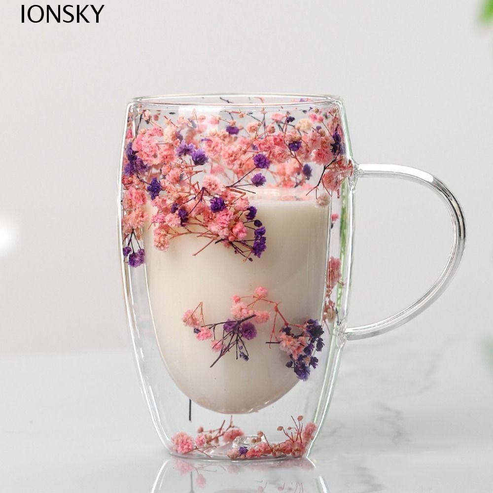 ถ้วยน้ํา IONSKY, แก้วกาแฟโรแมนติก 250/350/450ML, ดอกไม้ทนความร้อนสองชั้นสร้างสรรค์ภายในถ้วยเอสเปรสโซลาเต้