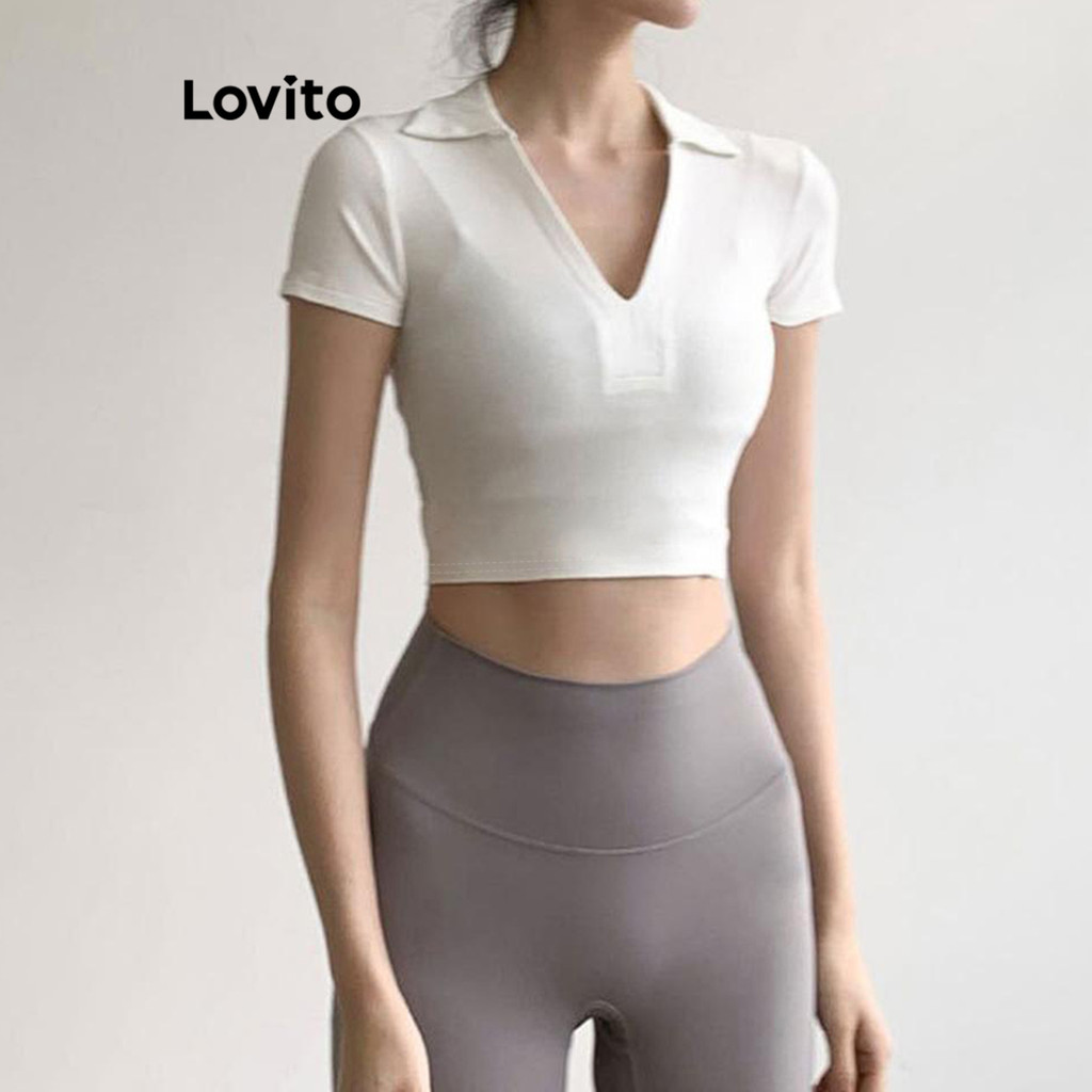 Lovito เสื้อยืดกีฬาผู้หญิง เข้ารูป สีพื้น สไตล์สปอร์ต LNE59491