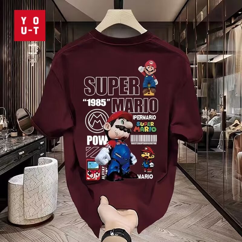Y-T⚡เสื้อยืดแขนสั้น ผ้าฝ้าย100% เสื้อยืดโอเวอร์ไซส์ คอกลม การ์ตูนแฟชั่น ยูนิเซ็กส์ สวมใส่สบาย แสตมป์ซูเปอร์มาริโอ S-4XL