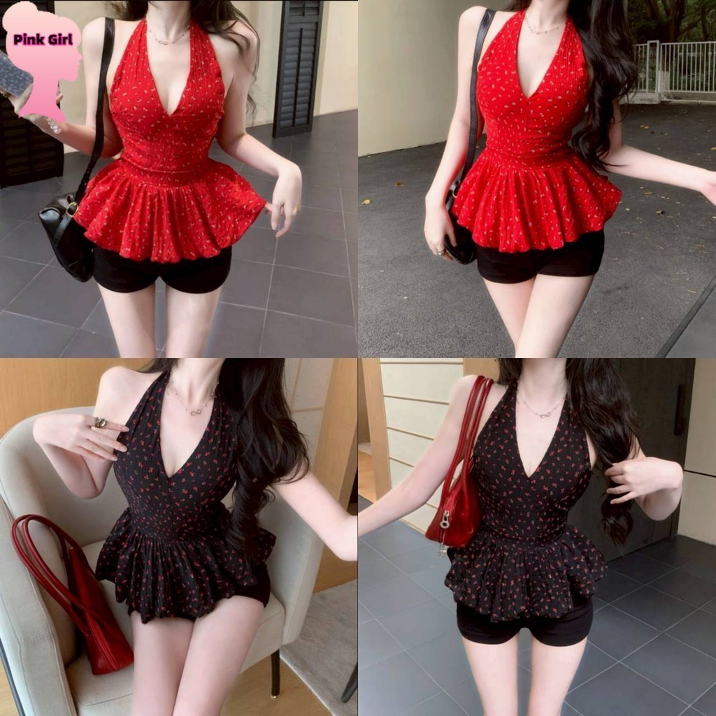 💋Pink girl💋​พร้อมส่ง เสื้อคล้องคอ ลายดอกไม้ เว้าหลีง สีดำแดง สง่างามและสูงส่ง' 8K186-1