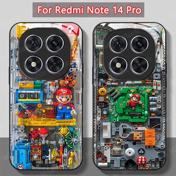 สำหรับเคส Redmi Note 14 Pro 5G เคส Redmi Note 14 Pro Plus เคสกระจกเหลวลายมาริโอแบบกลไก เคสโทรศัพท์กันกระแทกเต็มรูปแบบ เคสลายมาริโอบล็อกอาคาร