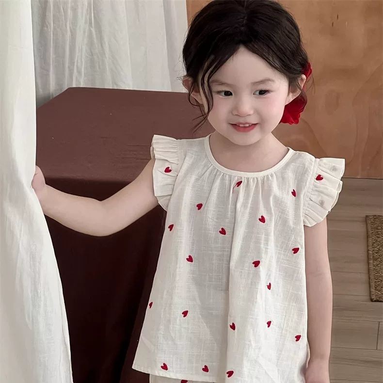 ฤดูร้อนเด็กหัวใจปักบินแขนทารกเสื้อสูทสาวเวอร์ชั่นเกาหลีเสื้อกั๊กด้านบน + กางเกงลูกไม้ชุดสองชิ้น - รูปที่ 4