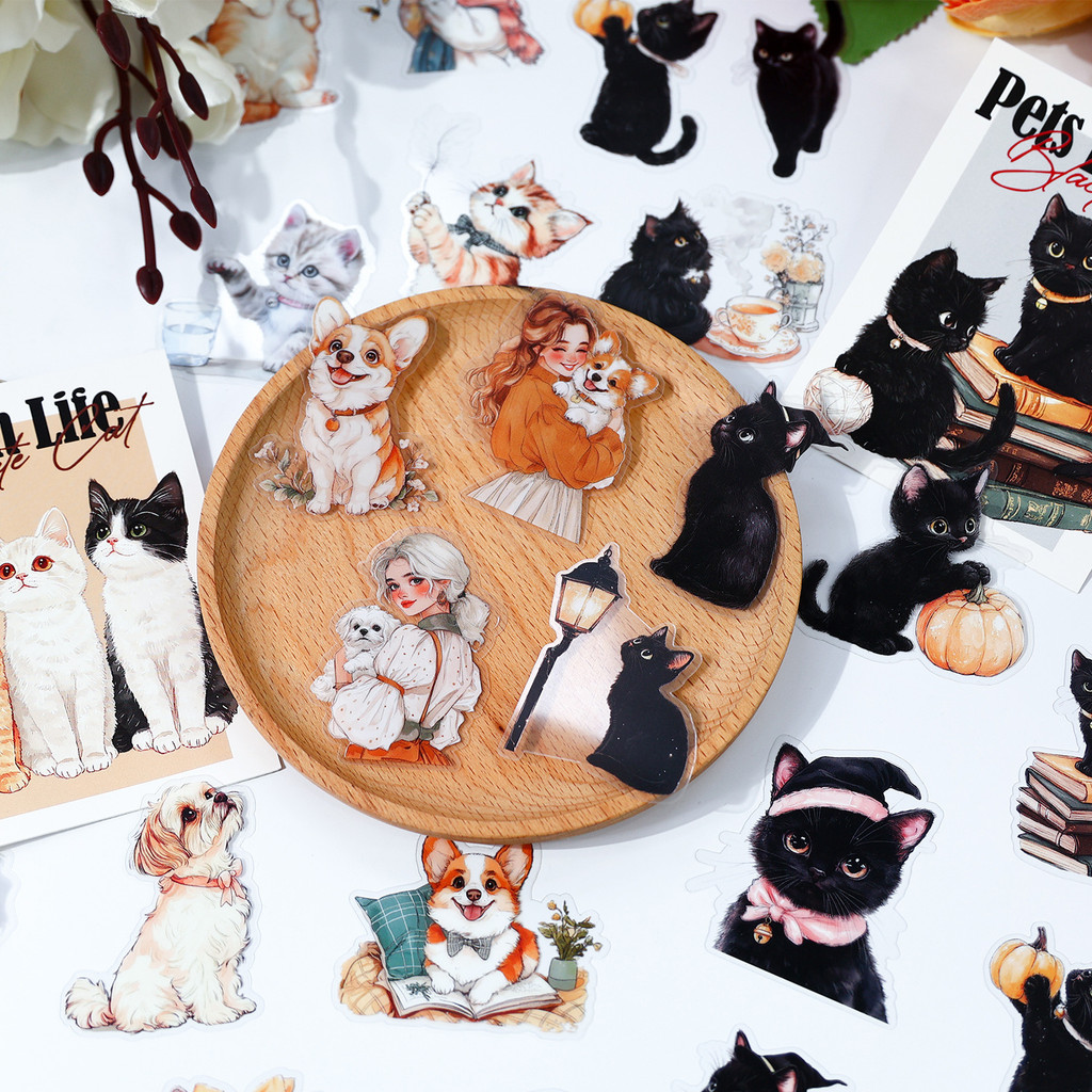 Journamm 40pcs Pet Life Series สติกเกอร์แมวการ์ตูนน่ารักสัตว์สติกเกอร์ตกแต่งสําหรับ Scrapbooking Junk Journal Collage สติกเกอร์