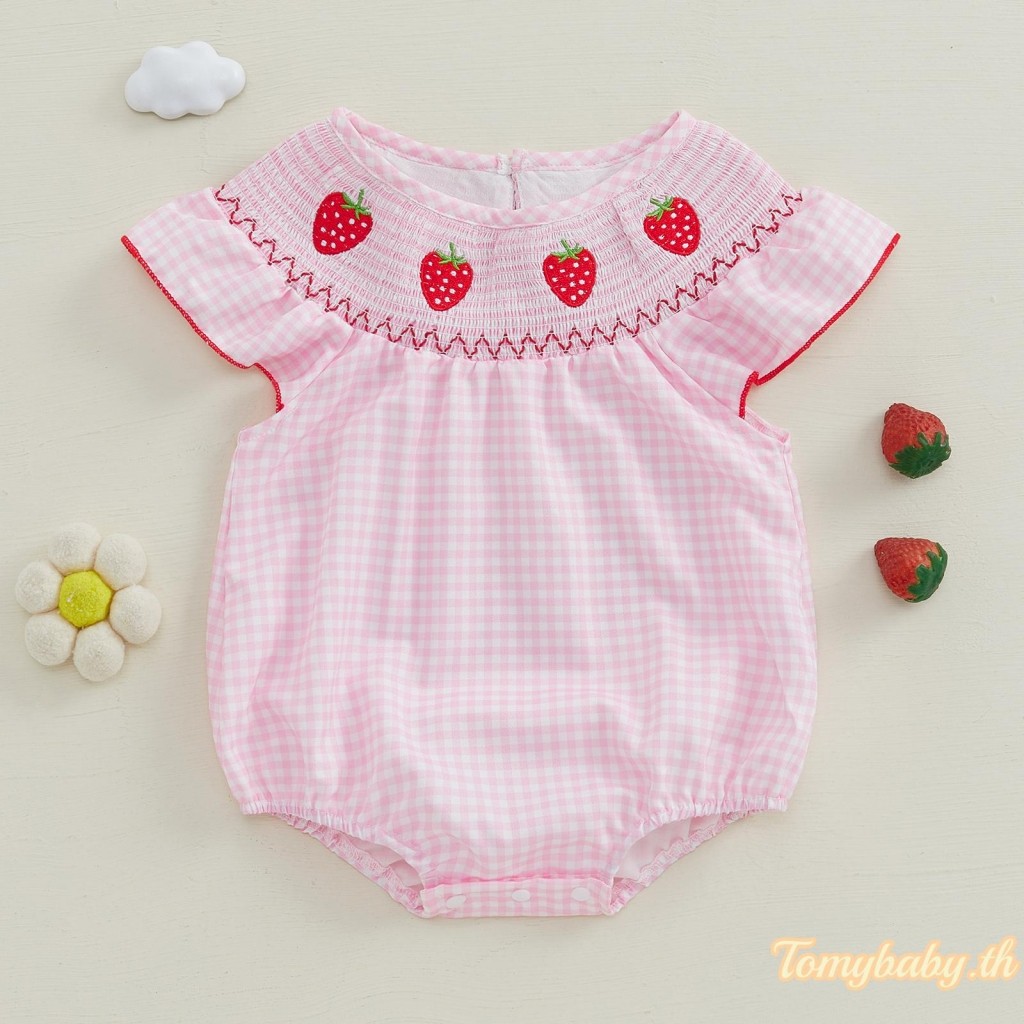 Tomybaby-เด็กทารกฤดูร้อนRomperลายสก๊อตพิมพ์บินแขนลูกเรือคอสตรอเบอร์รี่เย็บปักถักร้อยบอดี้สูท