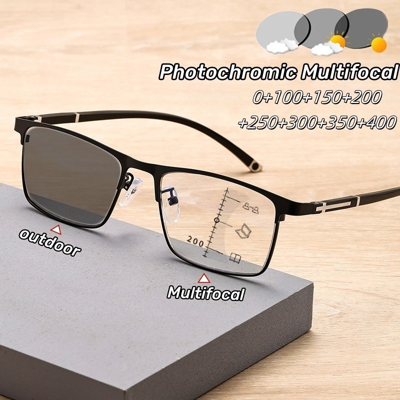 ใหม่ Progressive Multifocal Photochromic แว่นตา อ่านหนังสือ แฟชั่นธุรกิจ Anti Blue Light Dual-use