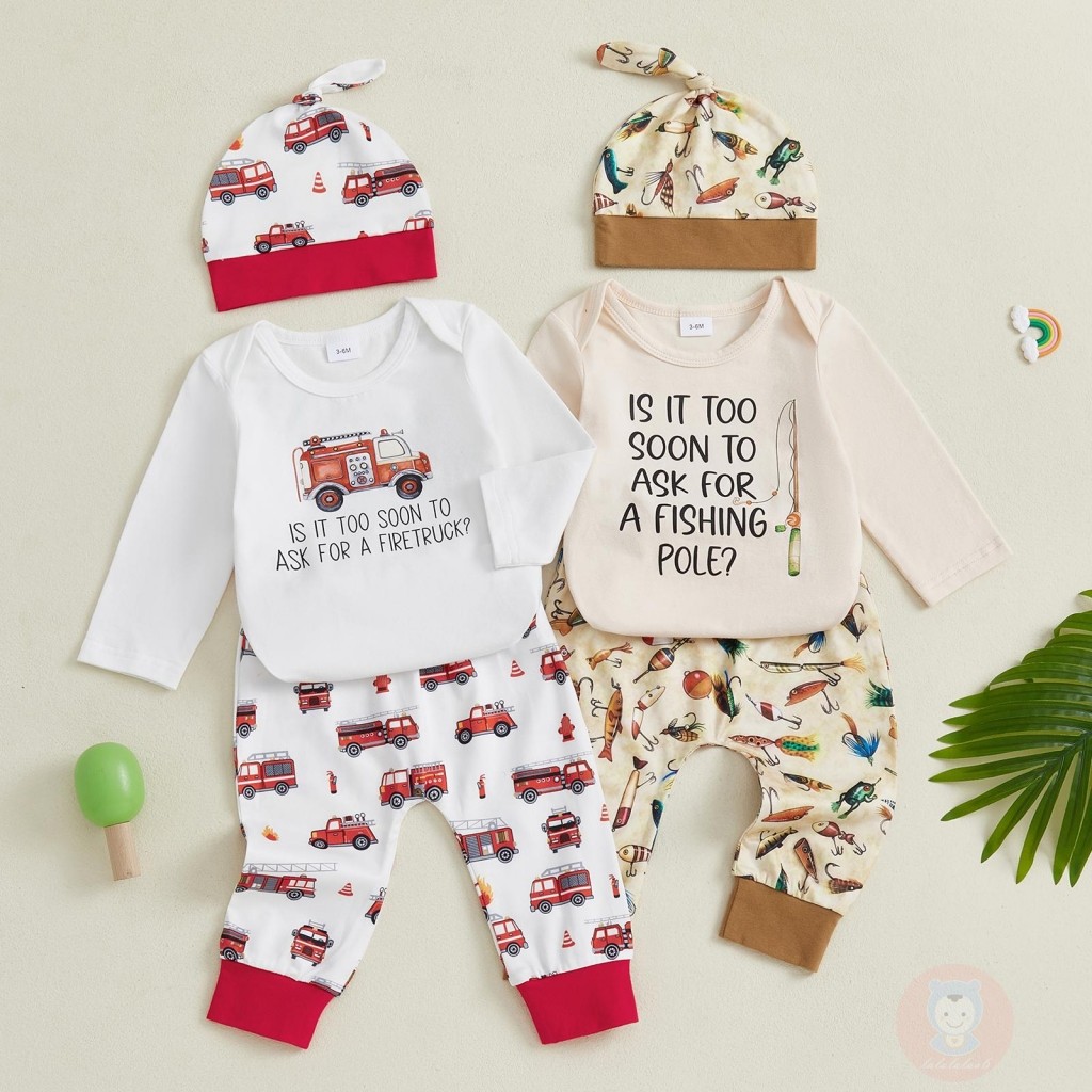 LAA6-Baby Boy shappy Fire Truck/ลายตะขอตกปลาแขนยาวปุ่ม Romper กางเกงเอวยางยืดพร้อมชุดหมวก