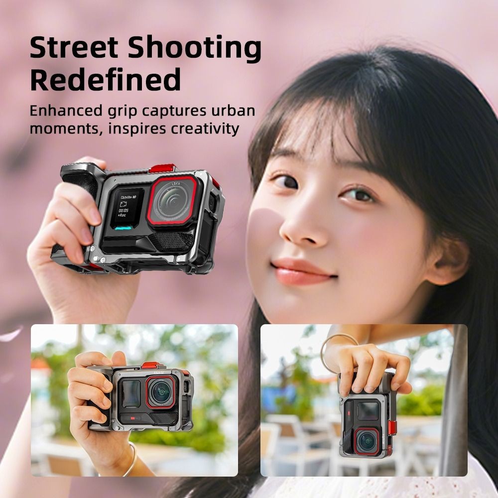 POPU Xplorer Grip Kit กรอบกล้อง,ปุ่มชัตเตอร์ป้องกันด้ามจับกล้อง,อลูมิเนียมจับสบาย Quick Release กรงกระต่ายสําหรับ Insta360 Ace 2/Ace - รูปที่ 4